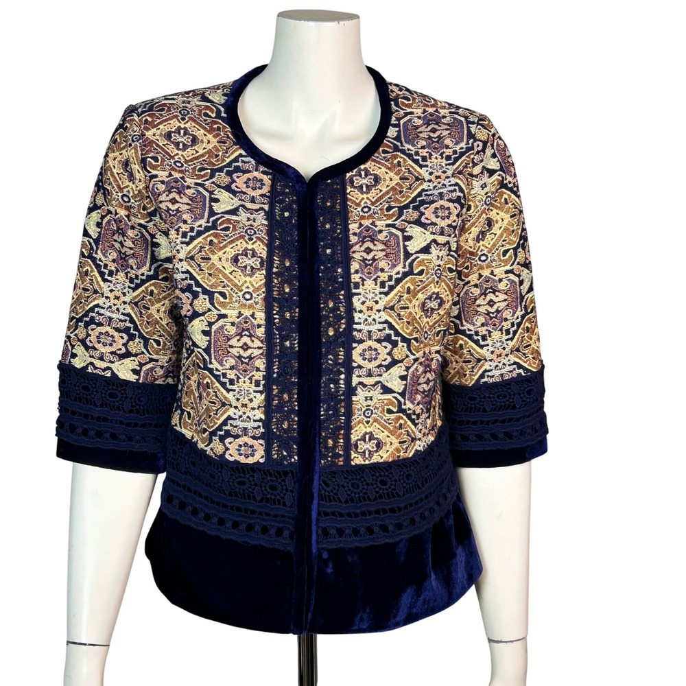 Boston Proper Velvet Tapestry Blazer Jacket Size 6 Crochet Lace Boho Artsy